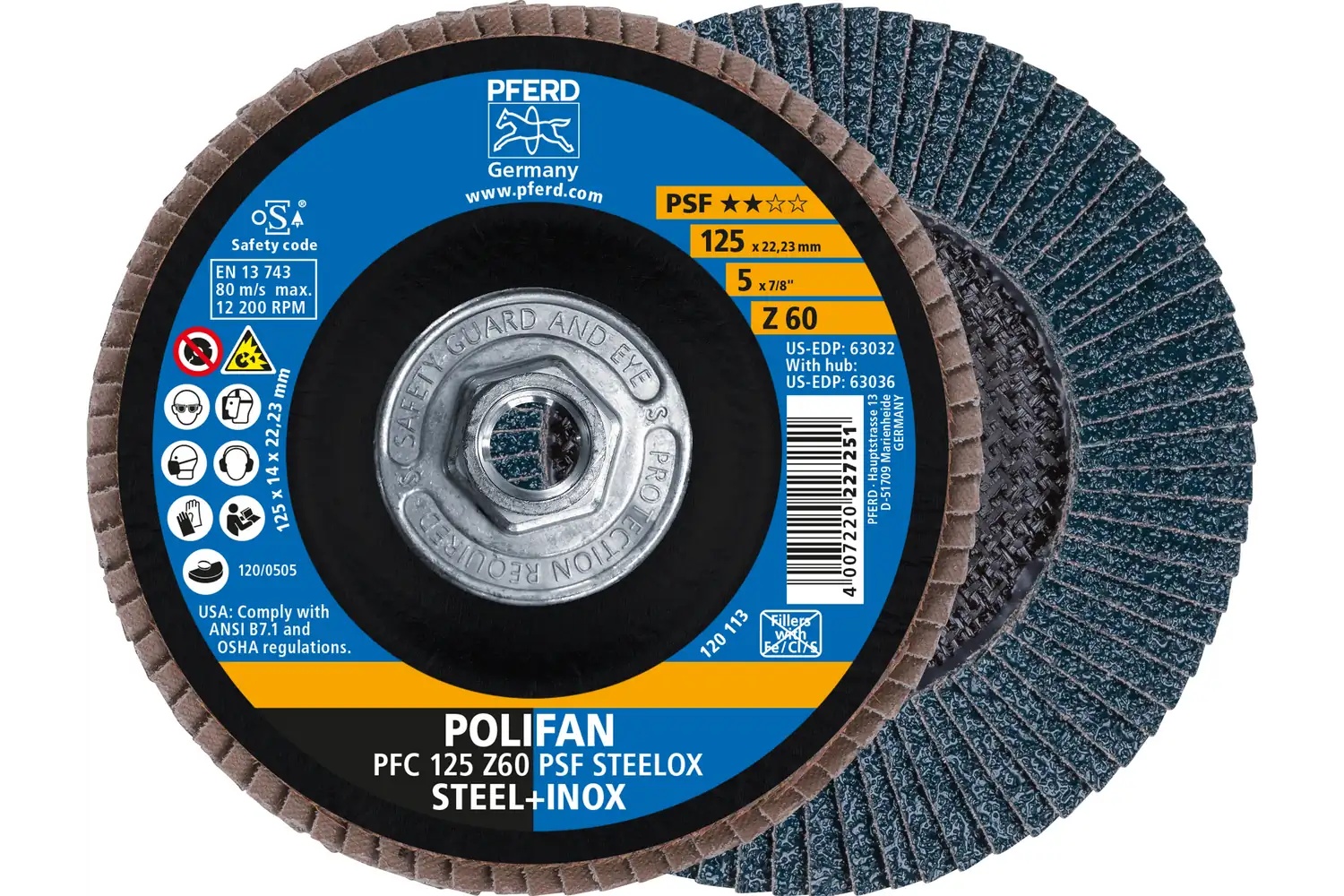 Picture of Pferd Flap Disc, 5" x 5/8-11, Z PSF Steelox, 60 Grit, T29, Conical, Zirconia